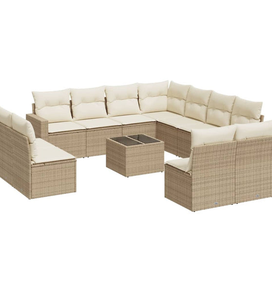12-tlg. Garten-Sofagarnitur mit Kissen Beige Poly Rattan
