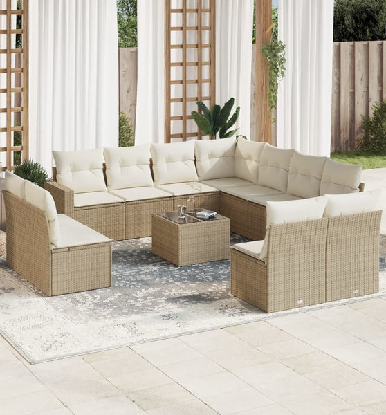 12-tlg. Garten-Sofagarnitur mit Kissen Beige Poly Rattan