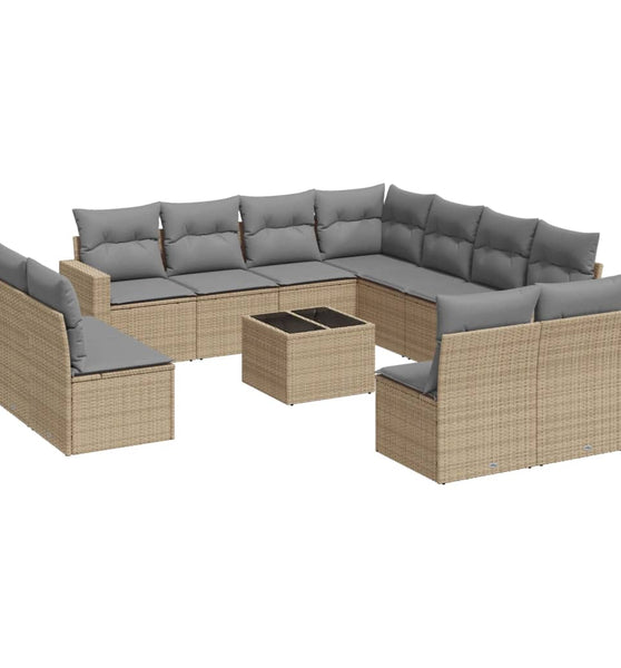 12-tlg. Garten-Sofagarnitur mit Kissen Beige Poly Rattan