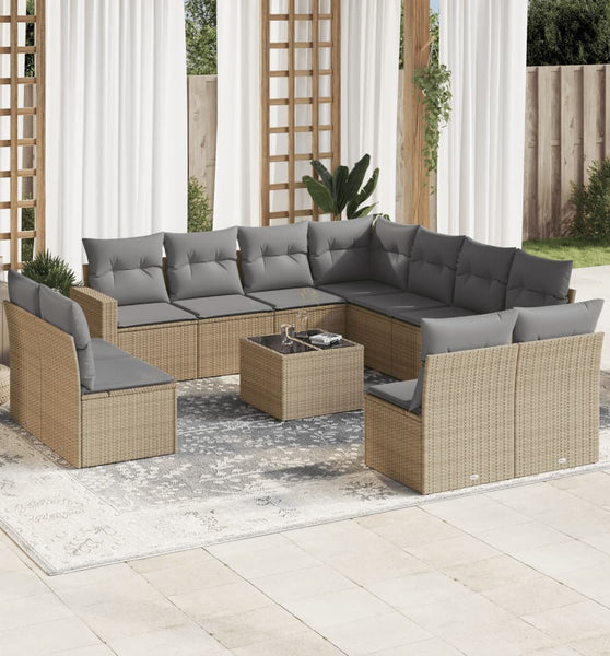 12-tlg. Garten-Sofagarnitur mit Kissen Beige Poly Rattan