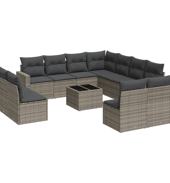 12-tlg. Garten-Sofagarnitur mit Kissen Grau Poly Rattan