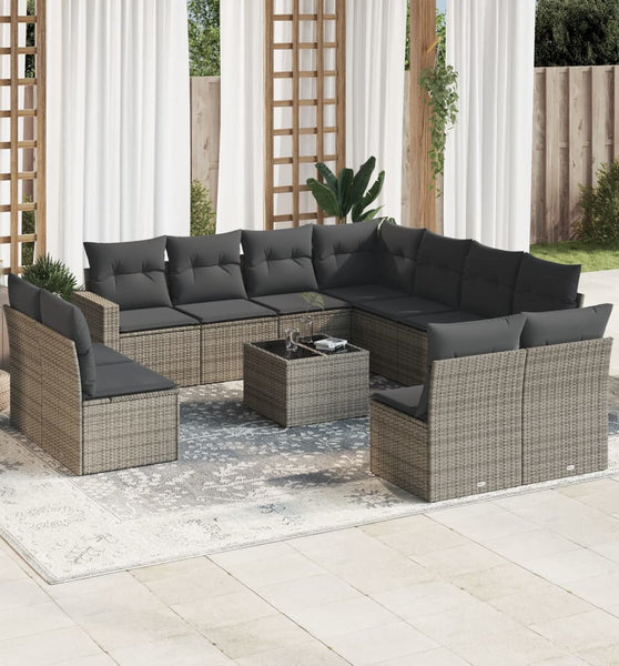 12-tlg. Garten-Sofagarnitur mit Kissen Grau Poly Rattan