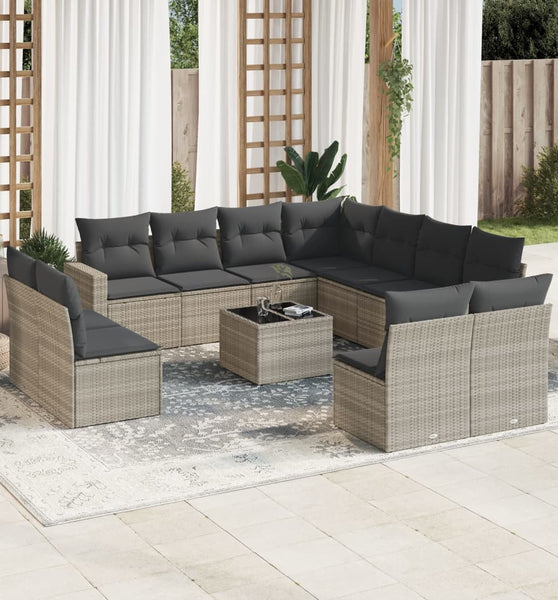 12-tlg. Garten-Sofagarnitur mit Kissen Hellgrau Poly Rattan