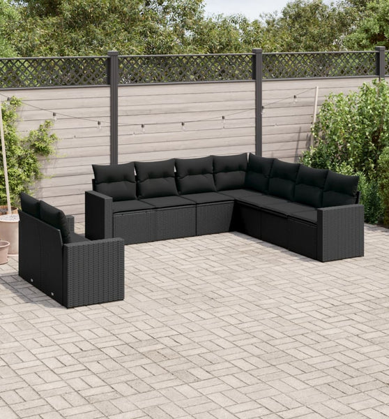 9-tlg. Garten-Sofagarnitur mit Kissen Schwarz Poly Rattan