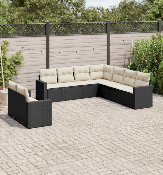 9-tlg. Garten-Sofagarnitur mit Kissen Schwarz Poly Rattan
