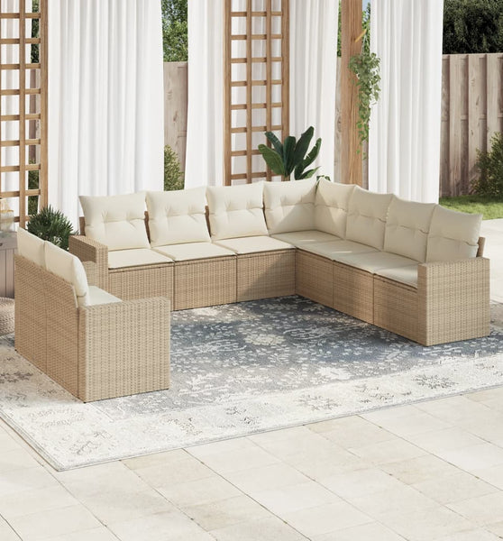 9-tlg. Garten-Sofagarnitur mit Kissen Beige Poly Rattan