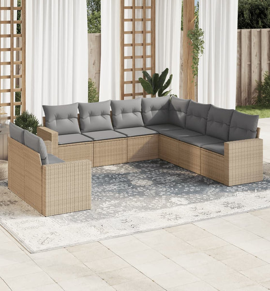 9-tlg. Garten-Sofagarnitur mit Kissen Beige Poly Rattan
