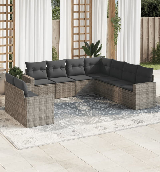 9-tlg. Garten-Sofagarnitur mit Kissen Grau Poly Rattan