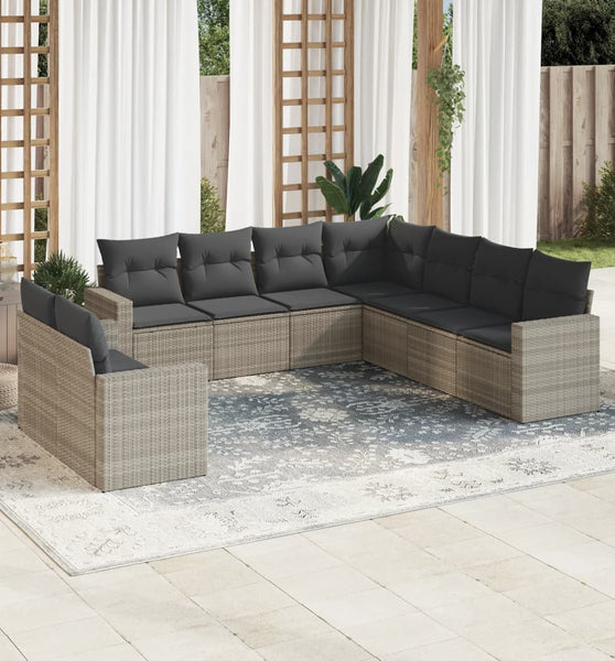 9-tlg. Garten-Sofagarnitur mit Kissen Hellgrau Poly Rattan