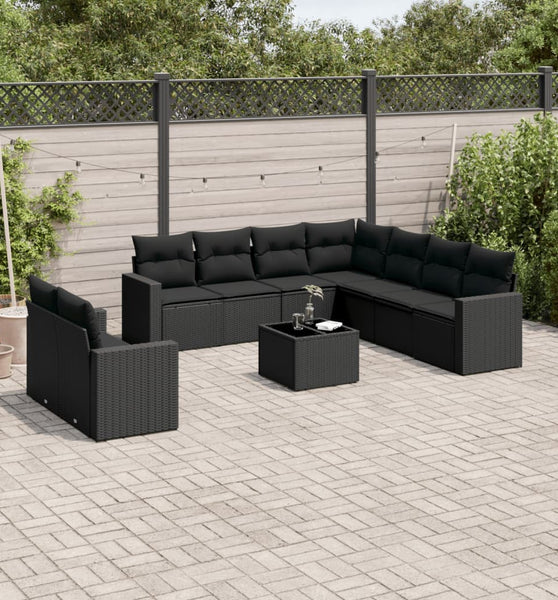 10-tlg. Garten-Sofagarnitur mit Kissen Schwarz Poly Rattan
