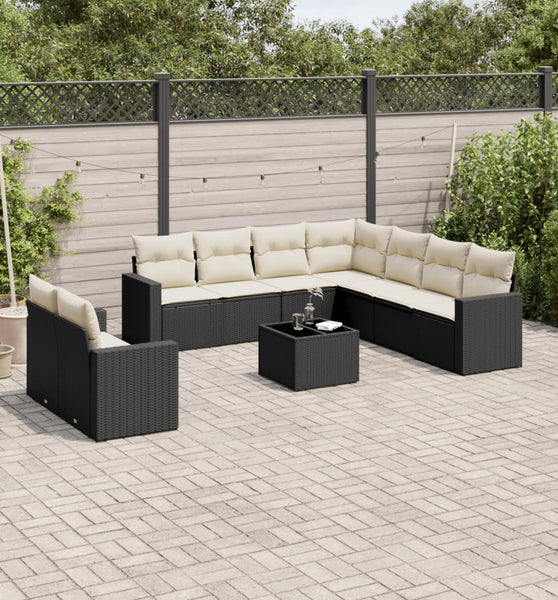 10-tlg. Garten-Sofagarnitur mit Kissen Schwarz Poly Rattan