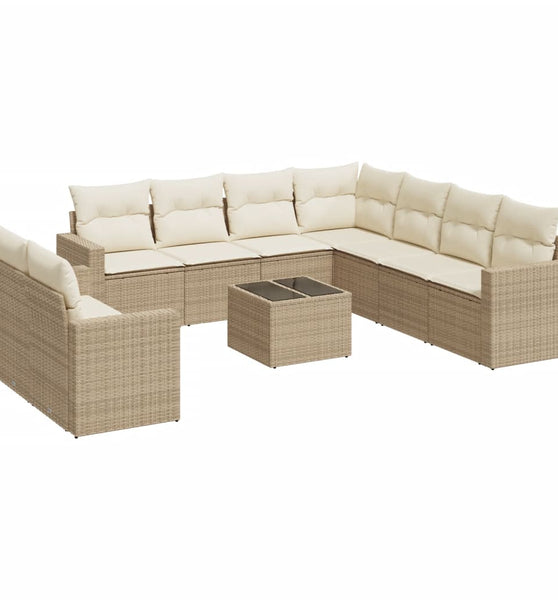 10-tlg. Garten-Sofagarnitur mit Kissen Beige Poly Rattan