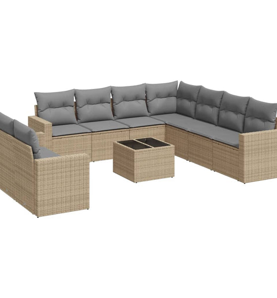 10-tlg. Garten-Sofagarnitur mit Kissen Beige Poly Rattan