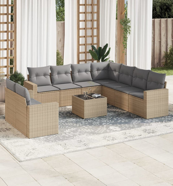 10-tlg. Garten-Sofagarnitur mit Kissen Beige Poly Rattan