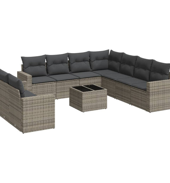 10-tlg. Garten-Sofagarnitur mit Kissen Grau Poly Rattan
