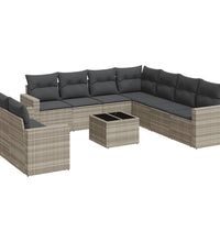 10-tlg. Garten-Sofagarnitur mit Kissen Hellgrau Poly Rattan