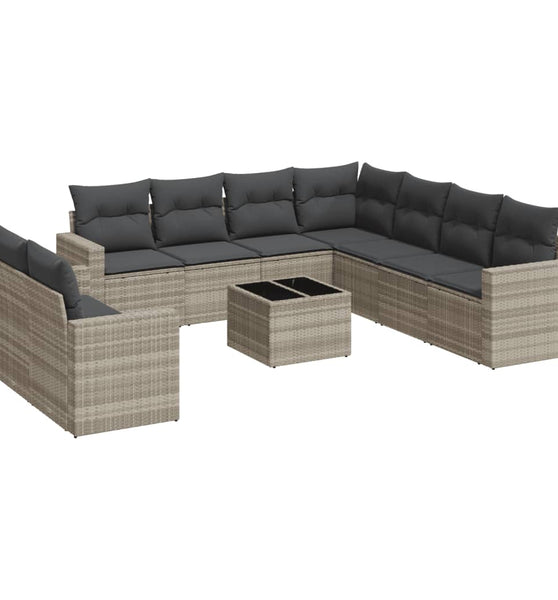 10-tlg. Garten-Sofagarnitur mit Kissen Hellgrau Poly Rattan
