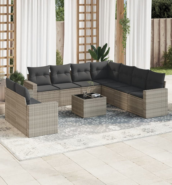 10-tlg. Garten-Sofagarnitur mit Kissen Hellgrau Poly Rattan