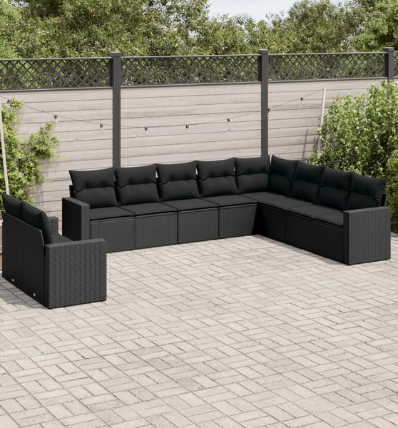 10-tlg. Garten-Sofagarnitur mit Kissen Schwarz Poly Rattan