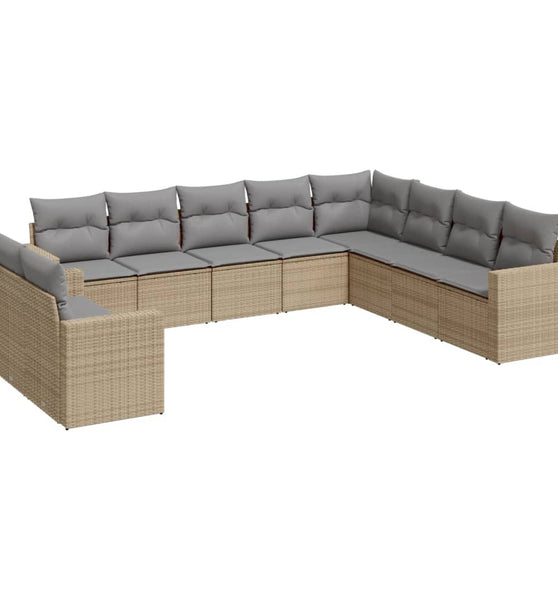 10-tlg. Garten-Sofagarnitur mit Kissen Beige Poly Rattan