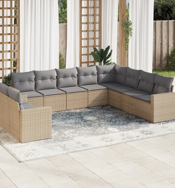 10-tlg. Garten-Sofagarnitur mit Kissen Beige Poly Rattan