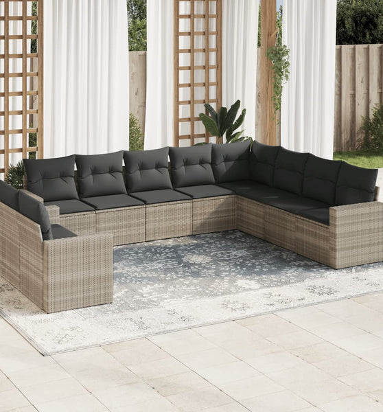 10-tlg. Garten-Sofagarnitur mit Kissen Hellgrau Poly Rattan