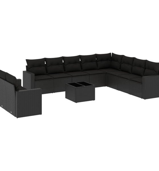 11-tlg. Garten-Sofagarnitur mit Kissen Schwarz Poly Rattan