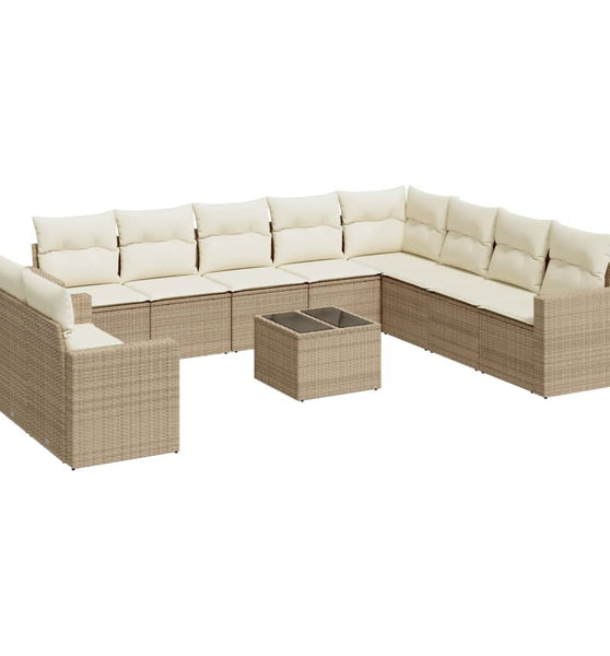 11-tlg. Garten-Sofagarnitur mit Kissen Beige Poly Rattan