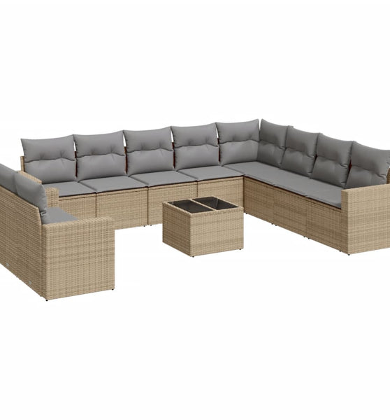 11-tlg. Garten-Sofagarnitur mit Kissen Beige Poly Rattan