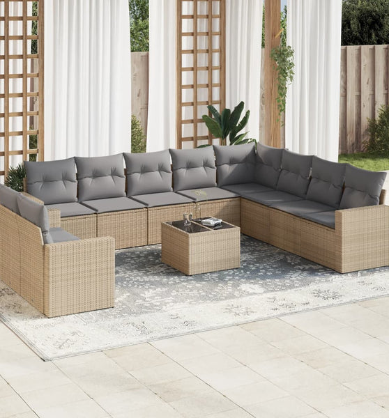 11-tlg. Garten-Sofagarnitur mit Kissen Beige Poly Rattan