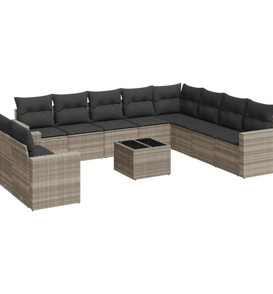 11-tlg. Garten-Sofagarnitur mit Kissen Hellgrau Poly Rattan