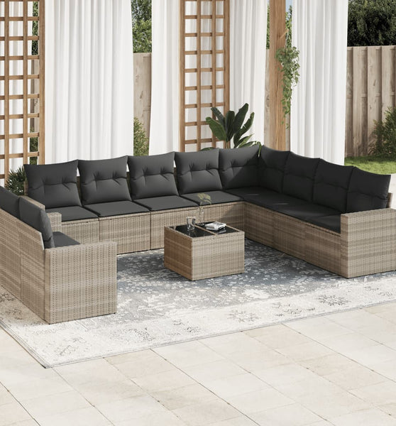 11-tlg. Garten-Sofagarnitur mit Kissen Hellgrau Poly Rattan