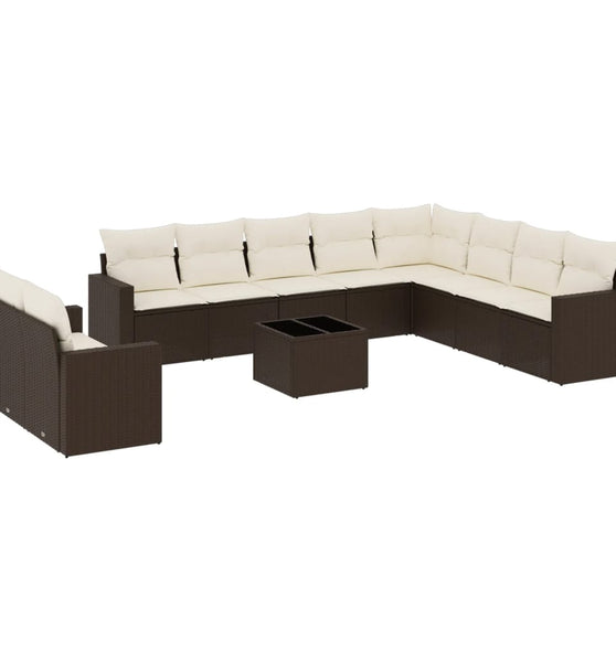 11-tlg. Garten-Sofagarnitur mit Kissen Braun Poly Rattan