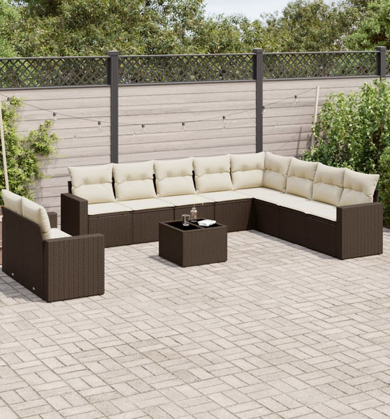 11-tlg. Garten-Sofagarnitur mit Kissen Braun Poly Rattan