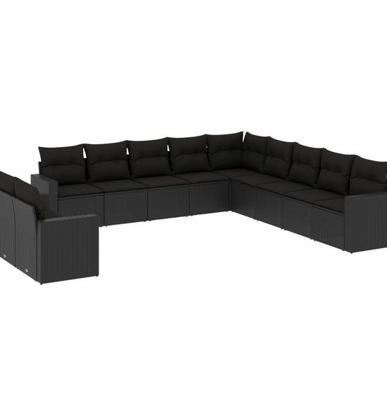 11-tlg. Garten-Sofagarnitur mit Kissen Schwarz Poly Rattan