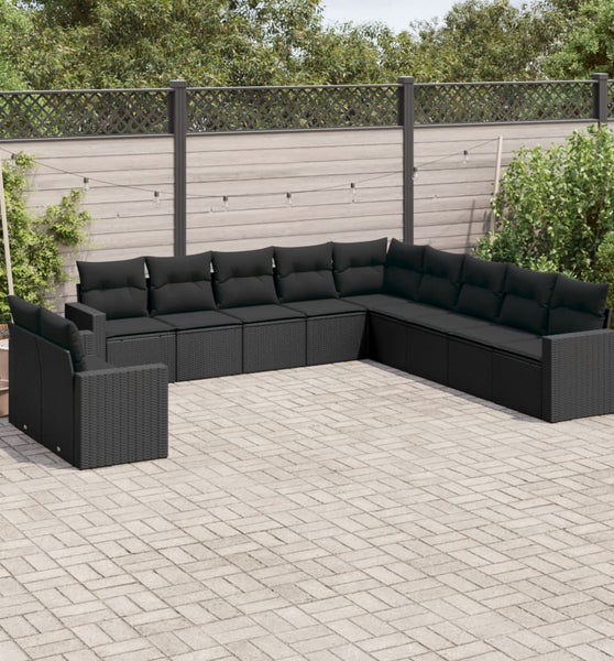 11-tlg. Garten-Sofagarnitur mit Kissen Schwarz Poly Rattan