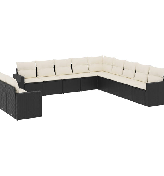 11-tlg. Garten-Sofagarnitur mit Kissen Schwarz Poly Rattan