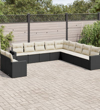 11-tlg. Garten-Sofagarnitur mit Kissen Schwarz Poly Rattan