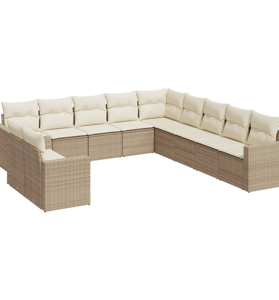 11-tlg. Garten-Sofagarnitur mit Kissen Beige Poly Rattan