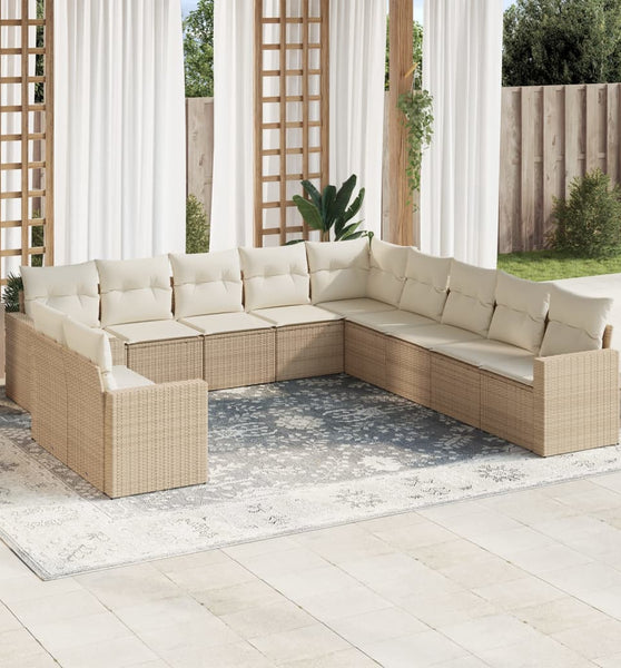 11-tlg. Garten-Sofagarnitur mit Kissen Beige Poly Rattan