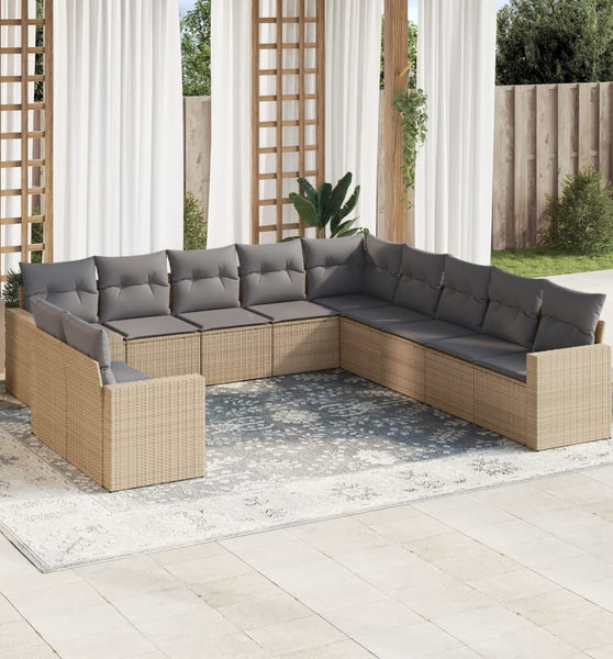11-tlg. Garten-Sofagarnitur mit Kissen Beige Poly Rattan