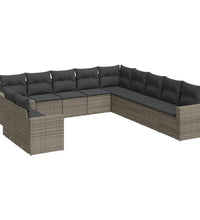 11-tlg. Garten-Sofagarnitur mit Kissen Grau Poly Rattan