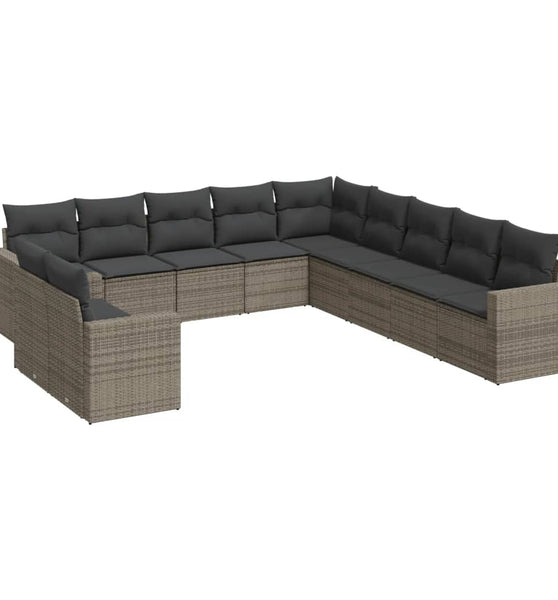 11-tlg. Garten-Sofagarnitur mit Kissen Grau Poly Rattan