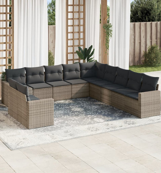 11-tlg. Garten-Sofagarnitur mit Kissen Grau Poly Rattan