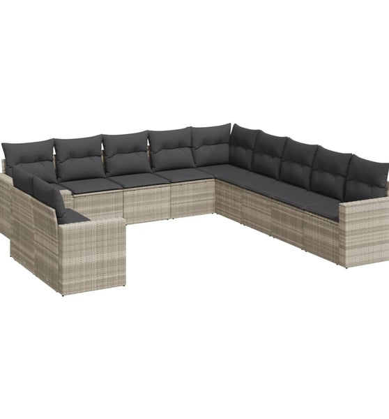 11-tlg. Garten-Sofagarnitur mit Kissen Hellgrau Poly Rattan