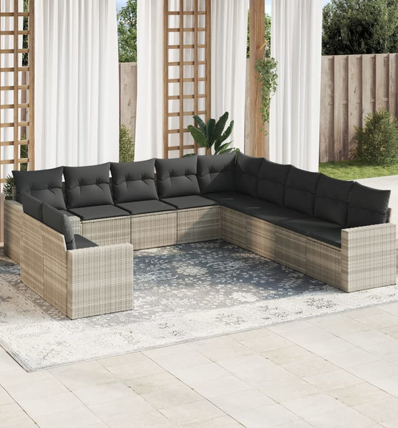 11-tlg. Garten-Sofagarnitur mit Kissen Hellgrau Poly Rattan