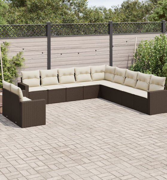 11-tlg. Garten-Sofagarnitur mit Kissen Braun Poly Rattan