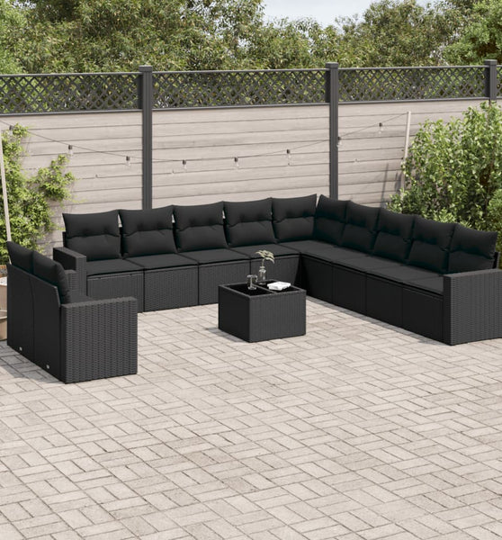 12-tlg. Garten-Sofagarnitur mit Kissen Schwarz Poly Rattan