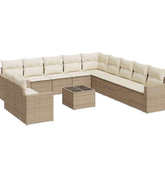 12-tlg. Garten-Sofagarnitur mit Kissen Beige Poly Rattan