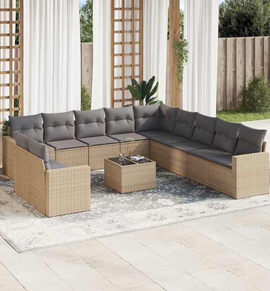 12-tlg. Garten-Sofagarnitur mit Kissen Beige Poly Rattan